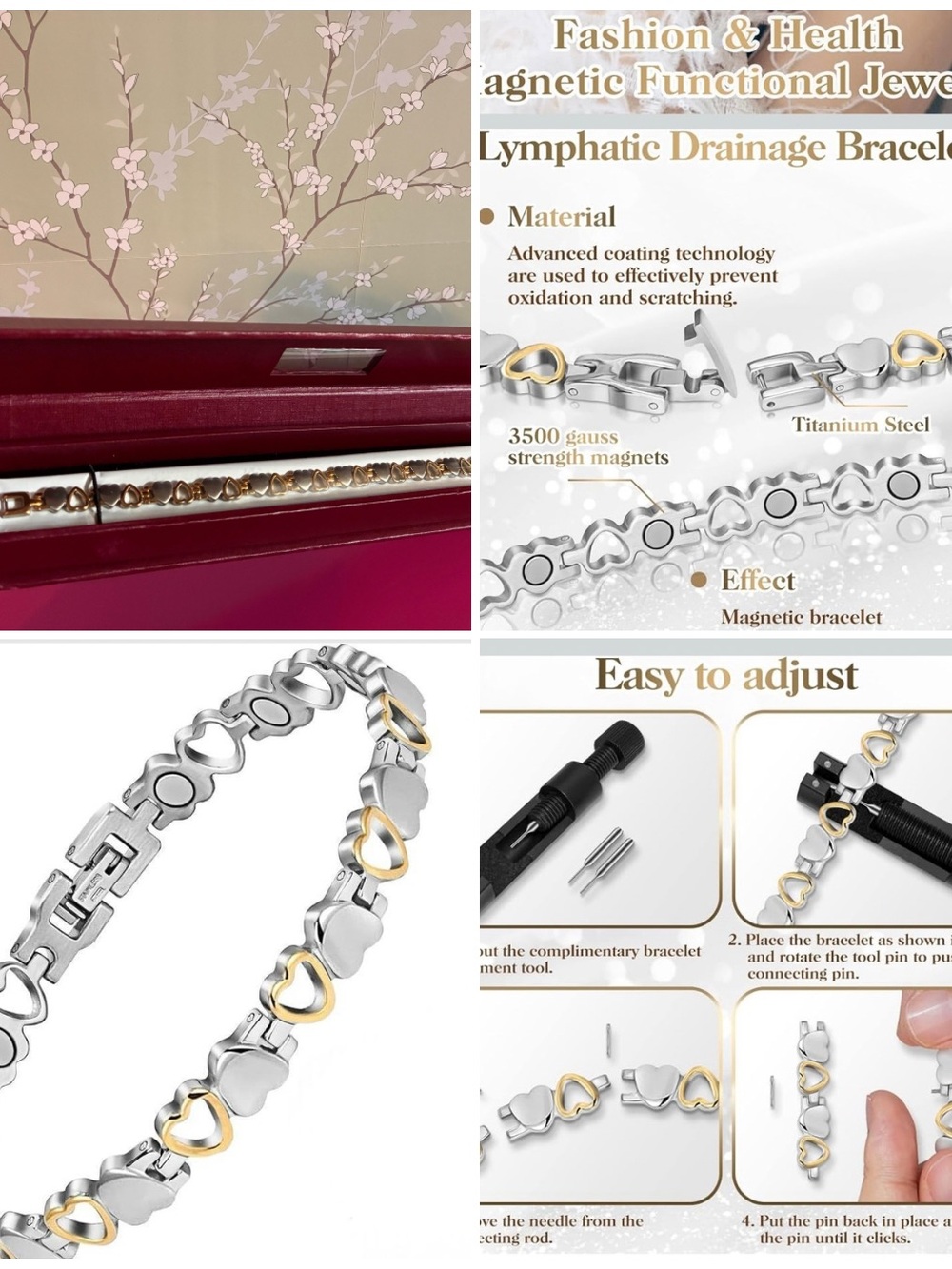 Magnetic Lymphatic Drainage Heart Link Bracelet - Silver & Gold